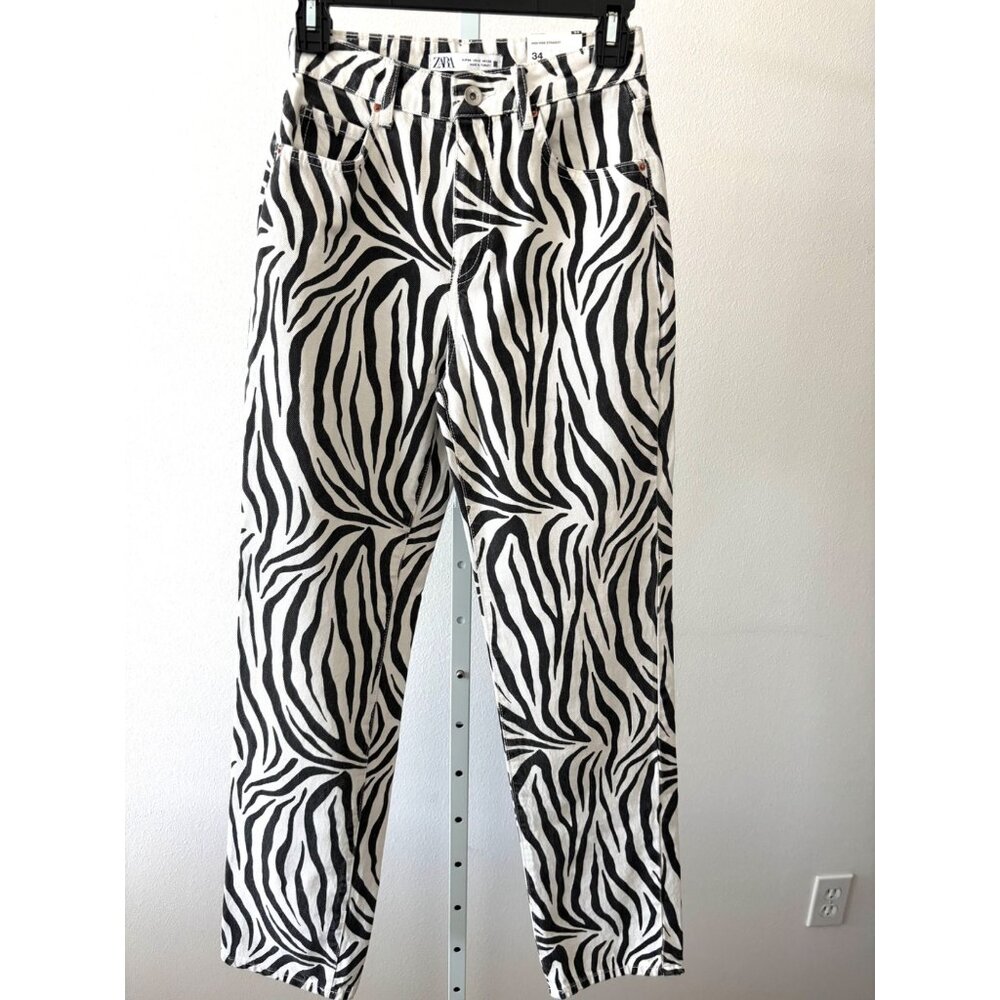 Zara Jeans Size 2 Zebra Print High Rise Straight Leg Y2K Streetwear Scandi Style - Picture 3 of 16